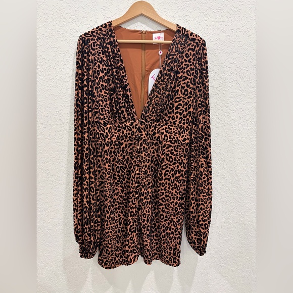 NWT Buddy Love Amber Leopard Print Balloon Sleeve Mini Dress Large - Picture 2 of 5